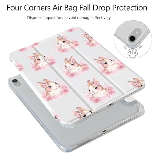 Easter Bunny Rabbit Rose Case for iPad 11 Inch (A16) 11th 2025/iPad 10.9 Inch 10th Gen 2022,[Pencil Holder+Auto Sleep/Wake],Slim Trifold Stand Protective Cover with Soft TPU Back,White thumbnail 3