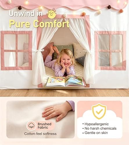 Large Kids Tent with mat, Star Lights, Tissue Garland, Play Tent Indoor & Outdoor, Kids Play Tent for Girl & Boy Aged 3+, Kids Tent for Toddler, 52" x35" x 52" Play House with Windows, Washable, Pink thumbnail 7