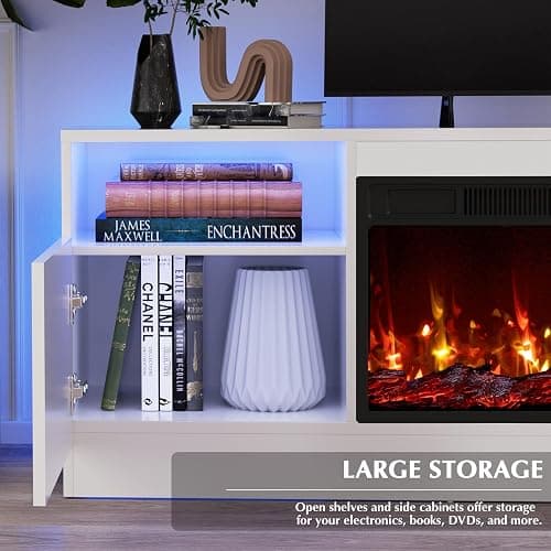 LEMBERI 70" Fireplace TV Stand for TVs up to 80", 36" Electric Fireplace 750W/1500W Entertainment Center with 20-Color LED, 300lbs Max Capacity High Gloss Storage Cabinet Console, White thumbnail 7