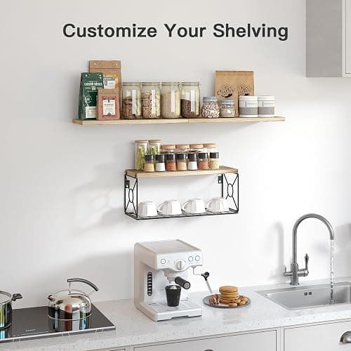 Pipishell Floating Shelves with Wire Strorage Basket, Paulownia Wood Bathroom Shelves for Home Organization & Wall Decor, Bathroom/Kitchen/Living Room/Office Shelves, Set of 3+1, Natural thumbnail 4