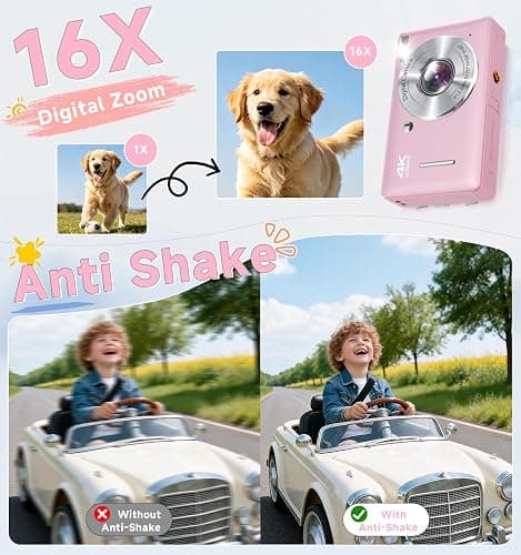Digital Camera, 44MP FHD 1080P Point and Shoot Digital Camera with Anti Shake, Small Digital Camera with Face Detect, 32GB SD Card, 16X Zoom Camera for Kids, Teens, Boys, Girls Pink thumbnail 3