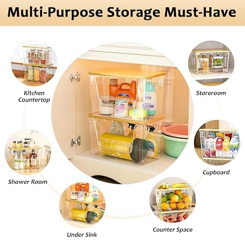 Delamu 2 Set Pantry Organizers and Storage, Trash Bag Holder Under Sink Organizer for 4-13 Gal Bags, Trash Bag Dispenser with Bamboo Top for Onion, Potato, Garlic, Clear (11-7/32"L*7" W*7-1/8"H) thumbnail 5