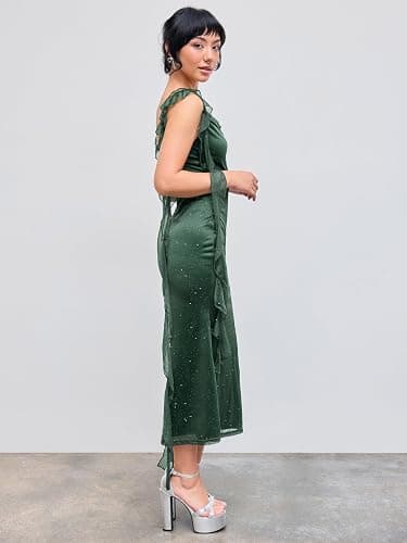 CIDER Summer Maxi Dress Wedding Guest Cowl Neck Glitter Ruffle Hem Bodycon Party Slim Formal Sleeveless Dress thumbnail 3