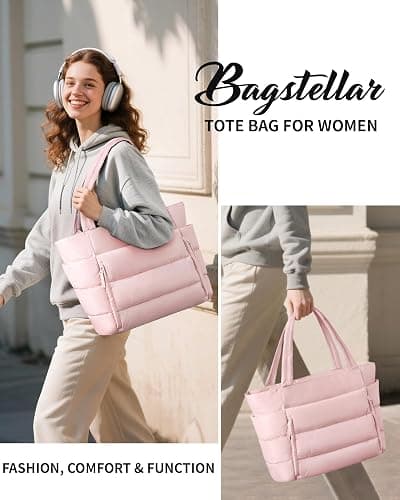 Bagstellar Puffer Tote Bag for Women, Lightweight Puffy Work Handbag Teacher Nurse Quilted Shoulder Bag for School Travel Gym | Cloud Bag w/ Zipper, Daily College Bags, 15.6" Computer Bag, Clinical Nursing Bag, 40 OZ Tumbler Holder, Ideal Gift for Women thumbnail 9