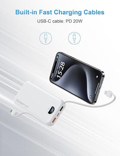 Ffnpua Portable Charger Power Bank 10000mAh PD20W w/Built-in Cables | Portable Phone Charger,Fast charging,Built in wall plug,LED display,Charge 5 devices at once,Pass through charging thumbnail 5