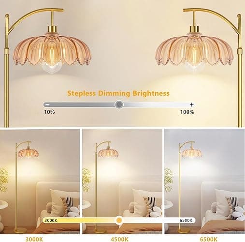 ILLMTW Gold Floor Lamp for Living Room,Bedroom,Mid Century Modern Standing Lamp with Remote,Dimmable Brass Tall Lamp Amber Glass Lamp Vintage Retro Arc Floor Lamps Flower Floor Light Boho Bohemian - 8-Floor Lamp thumbnail 2