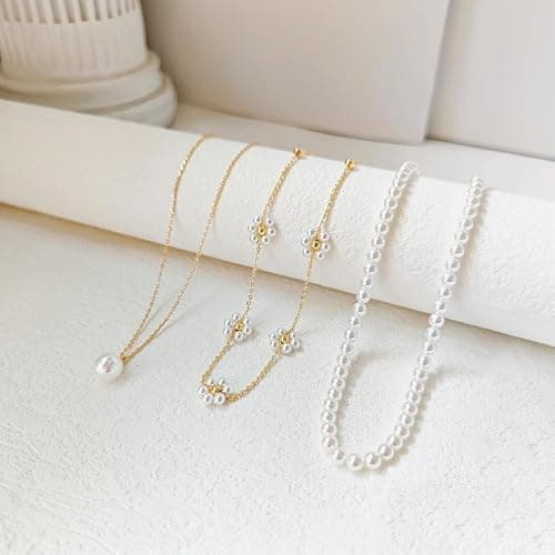 LULII Pearl Necklaces for Women 14K Gold Plated Dainty Layered Single Pearl Necklace Simple Daisy Pearls Choker Cute Gold Necklace Stack Jewelry Sets for Women Trendy Gifts thumbnail 6