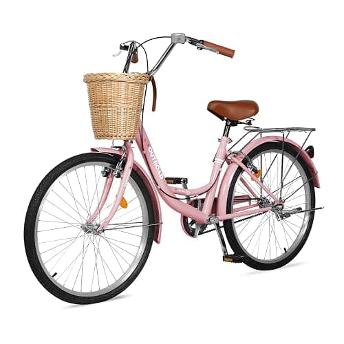 Max4out Women Bike Beach Cruiser Bike for Adult, 24 & 26 Inch Comfort Bikes with Rattan Front Basket, Womens Bicycle with Adjustable Seat and Dual V-Brake (Pink & White & Green & Purple & Black) - Image 1