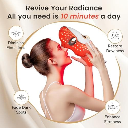tinkoola Red Light Therapy Mask for Face & Neck, LED Face Light Therapy,USB C Rechargeable,Infrared Mask for Home Working Travel Yoga (White Gold) thumbnail 5