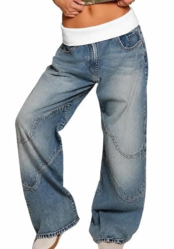 Ptorlio Womens Wide Leg Jeans Baggy Low Rise Y2K Stretchy Streetwear Color Block Denim Pants Trendy thumbnail 2