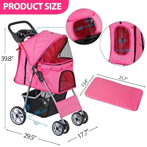 ZENY Foldable Pet Stroller, Cat/Dog Stroller with 4 Wheel, Pet Travel Carrier Strolling Cart with Storage Basket, Cup Holder (Pink) thumbnail 3