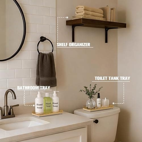 Bathroom Vanity Tray for Countertop, 12" x 6" Oak Wood Toilet Tank Tray with Metal Guardrail, Bathroom Organizer for Soap, Perfume & Skincare, Non-Slip Decorative Tray for Dresser, Gold & Natural Oak thumbnail 4