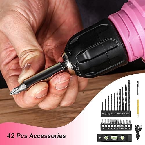 DEKOPRO 8V Cordless Drill, Drill Set with 3/8"Keyless Chuck, 42pcs Acessories, Built-in LED, Type-C Charge Cable, Pink Power Drills for Drilling and Tightening/Loosening Screws thumbnail 2