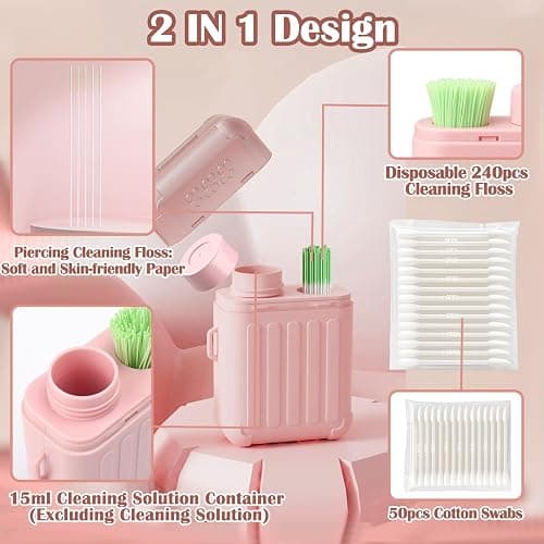 XANGNIER Ear Piercing Cleaner,Ear Piercing Cleaning Kit for Girls Women Men | Earring Hole Piercing Aftercare Cleaning Tool Set with 240pcs Disposable Ear Piercing Cleaner Floss,50pcs Cotton Swabs,Pink thumbnail 6