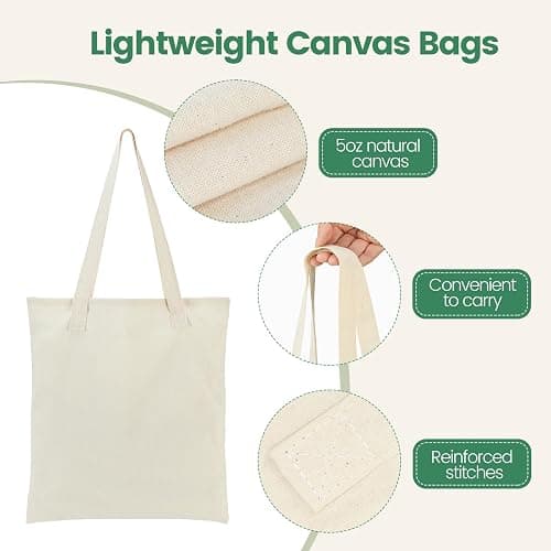 Carbrea 12 Pack Canvas Tote Bag - Lightweight Thin Tote Bags Bulk Blank Shopping Reusable Grocery Bags for DIY Gift Sublimation Activity - Beige thumbnail 5