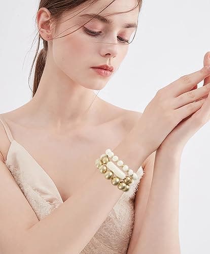 LALAPPLE Gold Plated Beaded Acrylic Bamboo Tube Bangle Bracelets for Women, Colorful Chunky Curved Tube With Gold Plated Pieces Beads Stretch Bracelet Friendship Summer Beach Jewelry thumbnail 4