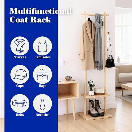 GZQXHOME Wooden Coat Rack Freestanding,Hall Tree with Sturdy Base,Clothing Rack for Hanging Clothes,Small Clothes Rack with 3 Storage Shelves,Space Saving for Entryway, Hallway, Bedroom (Natural) thumbnail 3