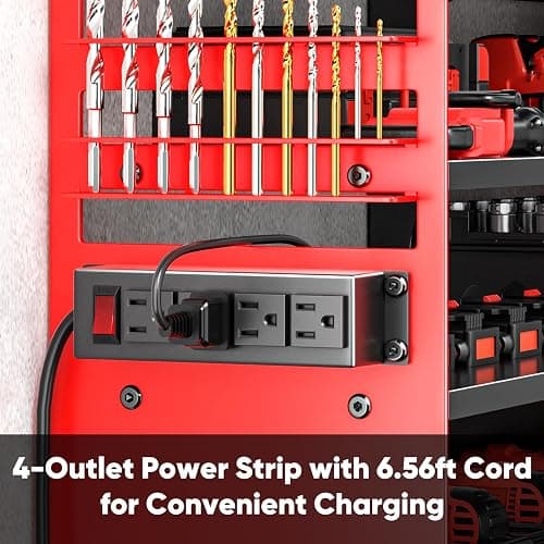 POKIPO Large Power Tool Organizer Wall Mount with Charging Station,4 Layer Heavy Duty Metal Tool Storage Shelf Loads 600lbs,Battery Utility Rack With 4 Outlet Power Strip with 8 Cordless Drill Holder thumbnail 3
