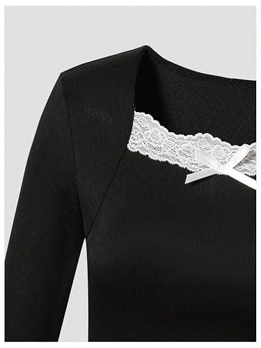 Verdusa Girls Long Sleeve Shirts Lace Bow Ribbed T Shirts Casual Tops Cute Clothes for Girls 10-12 thumbnail 4