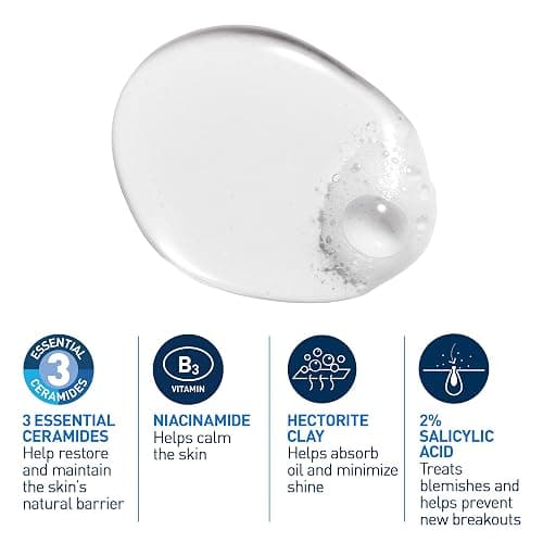 CeraVe Acne Face Wash, 2% Salicylic Acid Cleanser with Purifying Clay & Niacinamide for Oily Skin and Blackheads, Fragrance-Free, Paraben-Free & Non-Comedogenic, 473 mL thumbnail 4