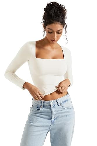 SUUKSESS Women Square Neck Long Sleeve Tops Double Lined Going Out T Shirts thumbnail 3