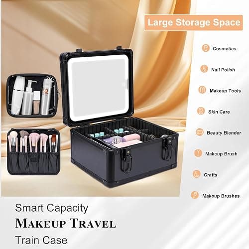 Makeup Box with Led Mirror,Travel Train Hard Case with Rechargeable Lighted Mirror Adjustable Dividers,Cosmetic Organizer Storage Bag for Makeup Artists,Appropriate Gift for Women and Girls,Black thumbnail 3