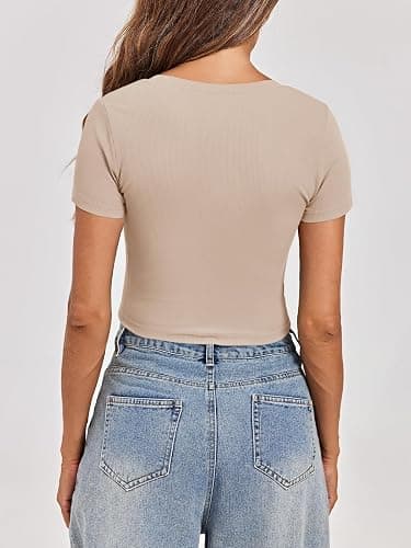 Tankaneo Womens Crop Tops Ribbed V Neck Short Sleeve Summer Basic Tees Slim Fit Y2k Shirts thumbnail 5