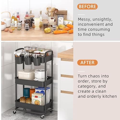 JIUYOTREE 3-Tier Plastic Rolling Storage Cart Utility Cart with Extra Hanging Cups Handles Lockable Wheels for Living Room Bathroom Kitchen Office Black thumbnail 5