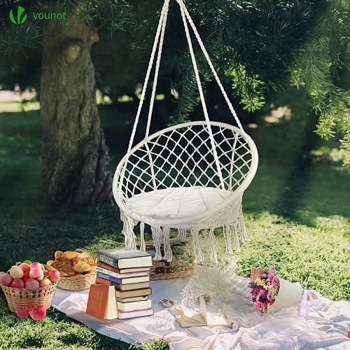 VOUNOT Swing Chair with Round Seat Cushion, Macrame Hammock Hanging Chair for Indoor, Outdoor, Beige thumbnail 4