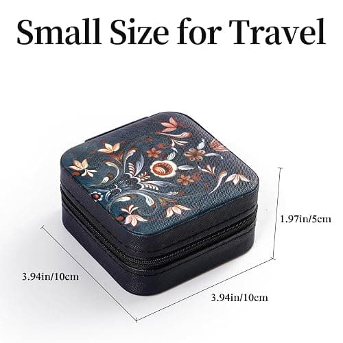 Artinhand Norwegian Rosemaling Folk Style Small Travel Jewelry Case with Mirror Portable Black PU Leather Box Earrings Necklaces Rings Bracelets Storage Organizer Gift for Women And Girls thumbnail 2