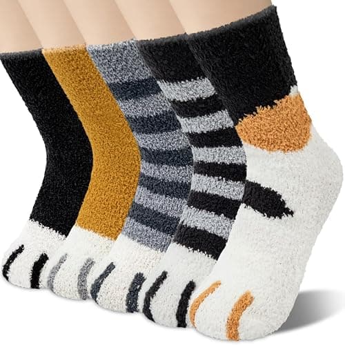 YSense Fuzzy Socks for Women 5 Pairs Warm Fluffy Winter Stocking Soft Cute Cat Animal Socks - Image 1