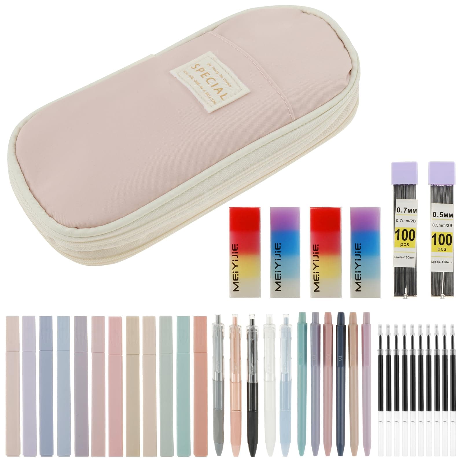40Pcs Stationery Supplies Set, Multi-Purpose Pencil Case Includes Large Capacity Pen Pouch Bag, Mechanical Pencil, Lead Refill, Gel Ink Pen, Scissors, Ruler, Sharpener for School Supplies (Pink) - Image 1