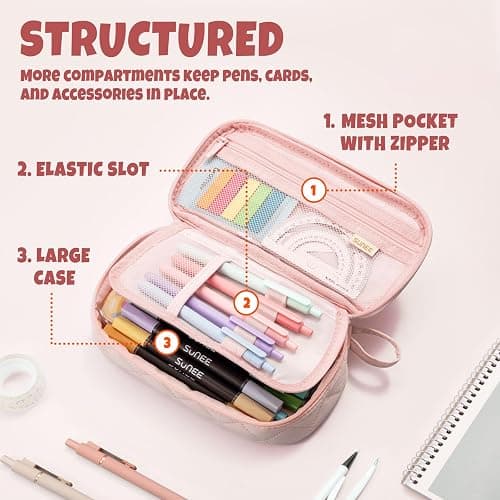 SUNEE Cute Pencil Case, Large Capacity Pencil Pouch Aesthetic Zipper Pencil Bag, Big Storage Pen Organizer for Stationery, Soft Quilted Pencil Box Back to School Supplies for Teen Girls Boys,Soft Pink thumbnail 5