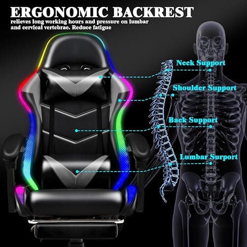 Czlolo Gaming Chair, Racing Style RGB LED Lights Gaming Chairs for Adults and Kids, Lumbar Massager Gamer Chair, High Back Reclining Computer Chair with Footrest and Headrest (Black/Gray) thumbnail 6