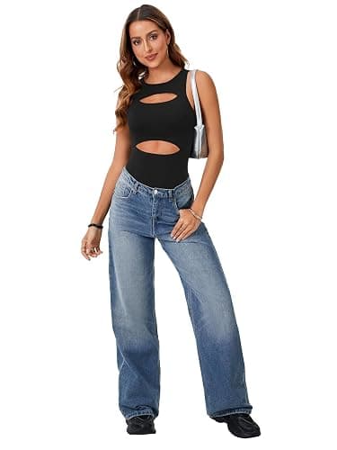 LYANER Women's Sleeveless Bodysuits Sexy Cut Out Front Body Suits Stretchy Tank Leotards Tops thumbnail 6