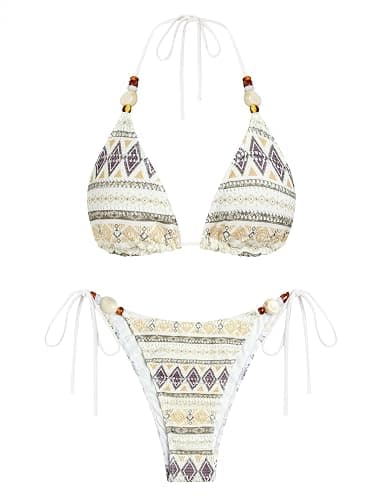 ZAFUL Women's Bikini Sets Beads Triangle Swimsuits 2 Piece String High Cut Cheeky Bathing Suits - Image 1
