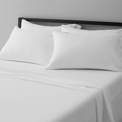 Amazon Basics Soft, Wrinkle-Free Bed Sheets Full Size, Deluxe Microfiber, Breathable, 4-Piece, Bright White Striped - Image 1