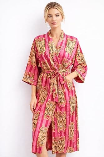 INDACORIFY Printed Kimono Robe, Lounge Wear Striped Cotton Kimono Bathrobe & Beach Cover Up Printed Long Beach Wear thumbnail 6