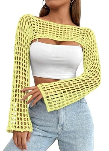 Mincib Womens Crochet Shrug Y2K Hollow Out Bolero Shrug See Through Cropped Knit Sweater Top - Image 1