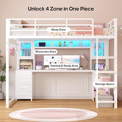 ADORNEVE Gaming Loft Bed Twin Size with Desk & RGB Hutch, White | 4 Storage Drawers, Safety Power Outlet, Metal Loft Bed with RGB Lights, Space Saving for Girls Small Room, Guardrail & Ladder thumbnail 3