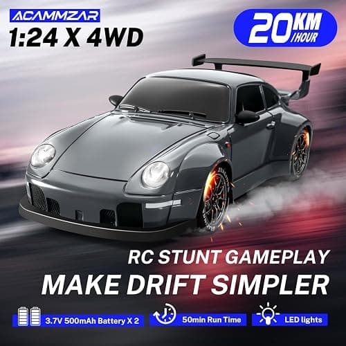 ACAMMZAR RC Drift Car, 1:24 Remote Control Car for Kids, 20KM/H 4WD High Speed RC Cars with LED Lights, Two Batteries, Extra Drifting Tires, Vehicle for Adults Boys Girls thumbnail 2