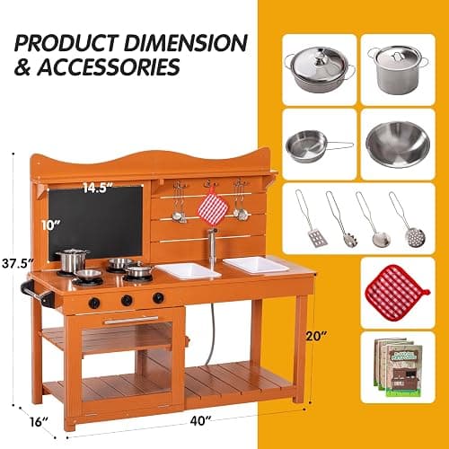 BRINJOY Outdoor Mud Kitchen Playset for Kids with Spray Pipe | Wooden Pretend Play Kitchen Set with Removable Sinks, Blackboard, Kitchenware, Stove,Backyard Garden Kitchen thumbnail 3
