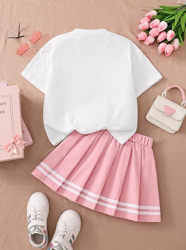 Ecolala Girls 2 Piece Summer Outfits Cute Graphic Short Sleeve Tops and Pleated Skirt Set thumbnail 5