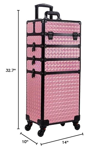 AROUS 5 in 1 Rolling Makeup Train Case Cosmetology Case on Wheels Large Cosmetic Organizer Travel Cart for Hairstylist Artist Nail Beauty Salon Barber,Pink thumbnail 2