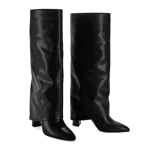 Modatope Knee High Boots Women Fold Over Knee High Boots Chunky High Heels Long Boots Zipper Pointed Toe Dress Tall Boots for Women thumbnail 5
