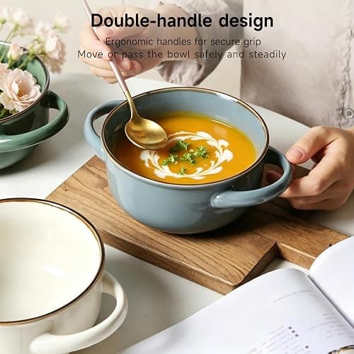 MONITO Ceramic Salad Bowl with Handles, 28 oz French Onion Soup Bowls, Ceramic Soup Bowls for Cereal, Pasta, Chilli, Beef Stew, Stackable Serving Bowl Set of 4 (28 OZ) | Ceramic Soup Bowls with Handles for Cereal,Pasta,Chilli,Beef Stew,Stackable Serving Bowl Set of 4 thumbnail 4