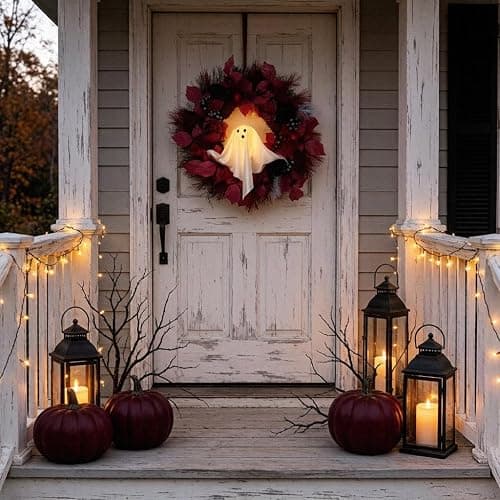 HipTree 20 Inch Lighted Ghost Halloween Wreath for Front Door | Spooky Ghost Wreath With Red Black Roses & Berries. Warm LED Light For Indoor Outdoor Porch, Window & Haunted House Decor thumbnail 3