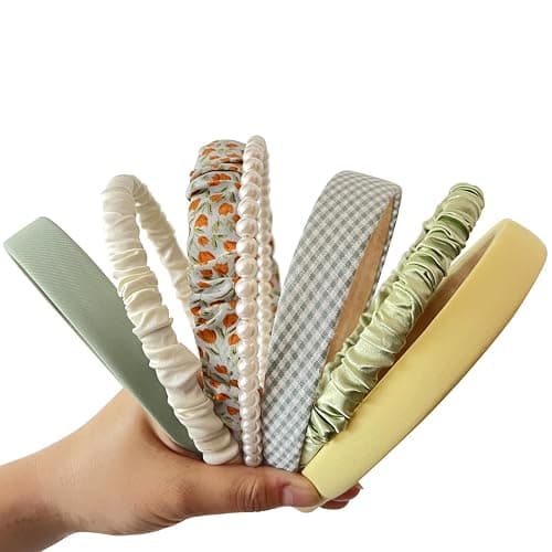 YONOY 7Pcs Fashion Headband Set for Women & Girls with Different Designs - Non Slip Floral, Pearl and Vintage Wide Headbands (Green) - Image 1
