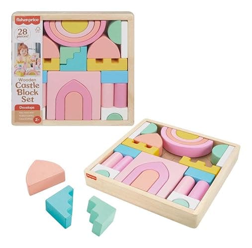 Fisher-Price Wood Toddler Toy Castle Block Set, 28 Wooden Pieces for Stacking Developmental Play Preschool Kids Ages 2+ Years - Image 1