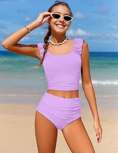 Doumlop Girls Tankini Swimsuit 2 Piece Bathing Suit Twist Cross Back Cutout Swim Tank Top Floral Print Swimwear for 7-18Y thumbnail 2